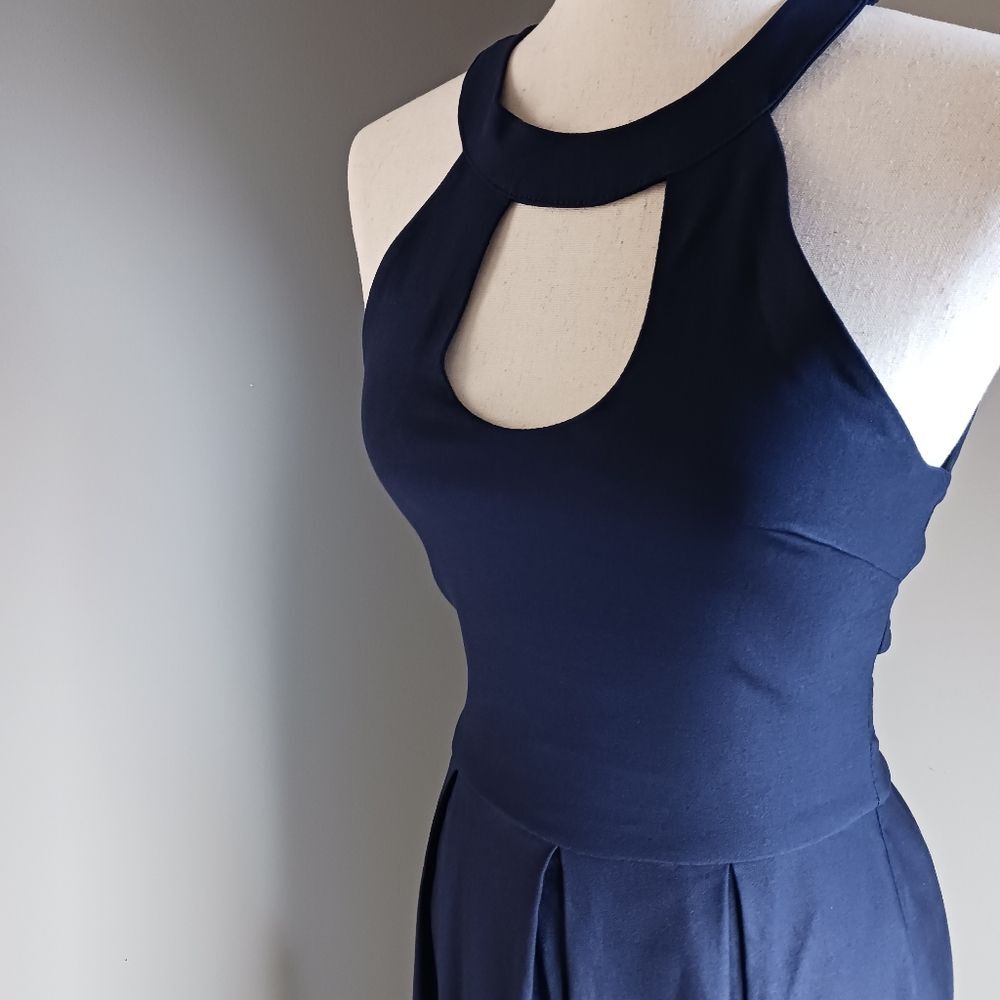 Halter Mini Dress Fit Flare Special Event Stretch Skater Navy White Lace Size S - Picture 4 of 11
